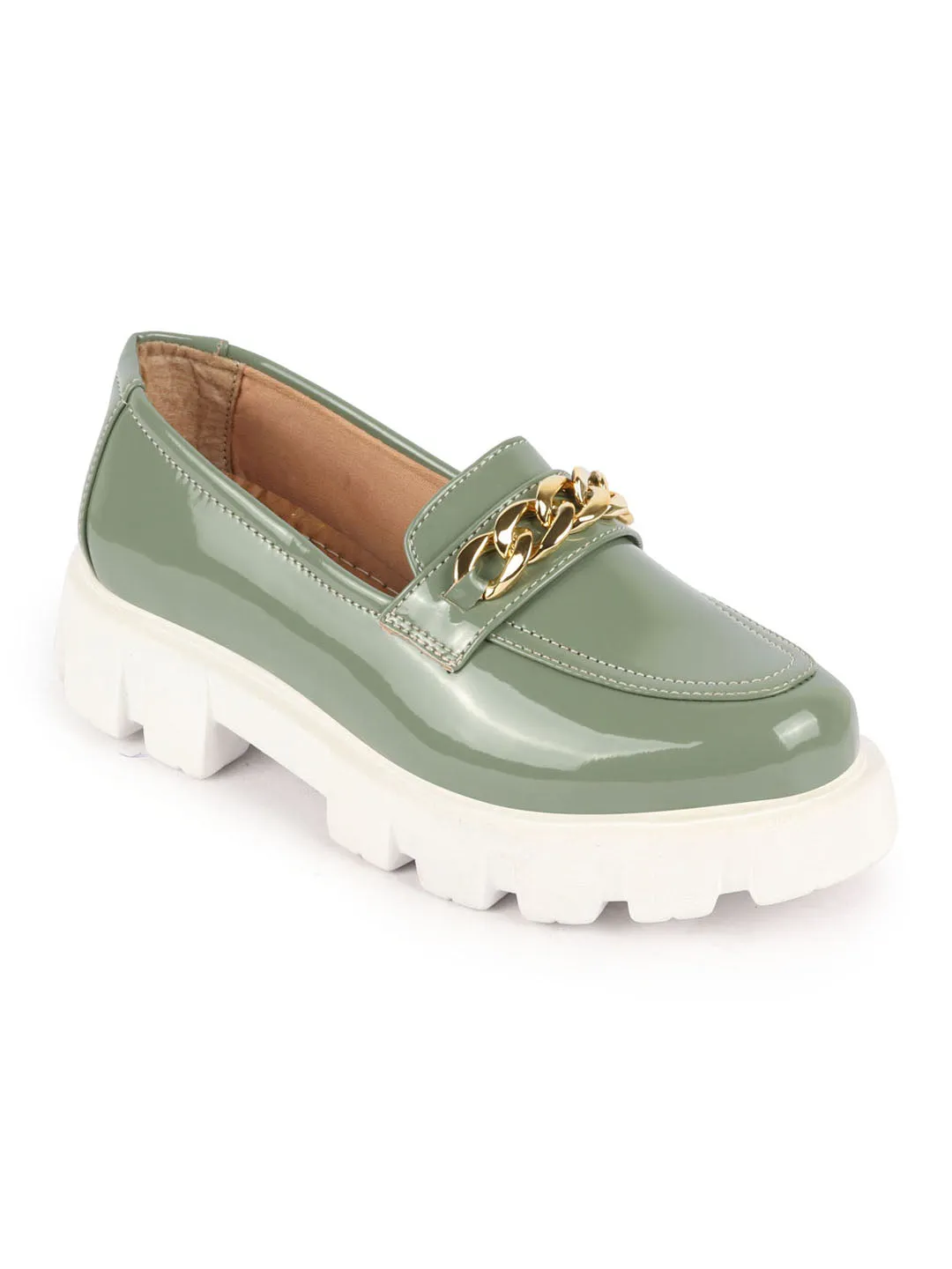 Women Pista Green Patent Leather Shiny Chain Buckle Classic Casual Slip On Loafer Shoes