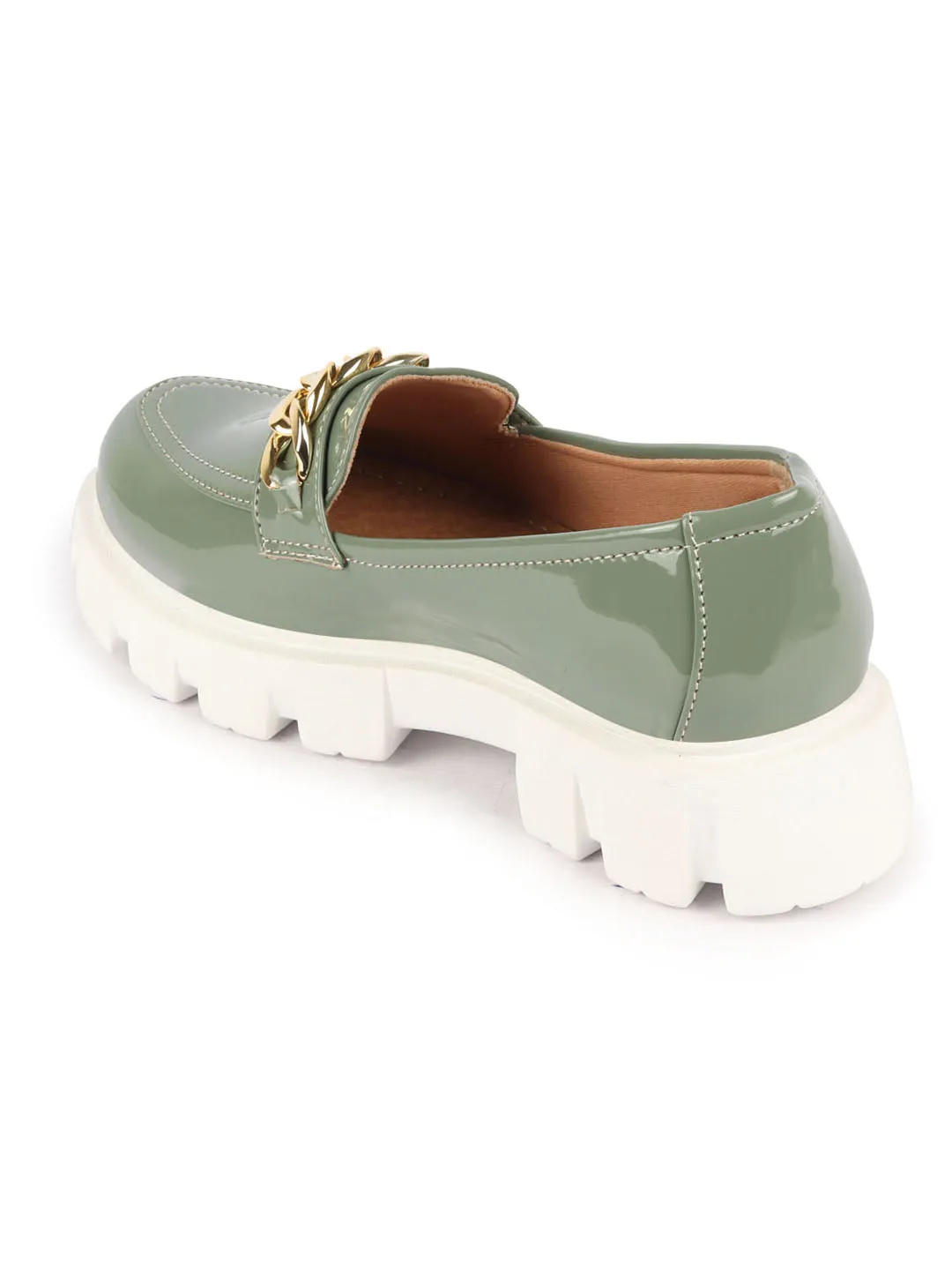 Women Pista Green Patent Leather Shiny Chain Buckle Classic Casual Slip On Loafer Shoes