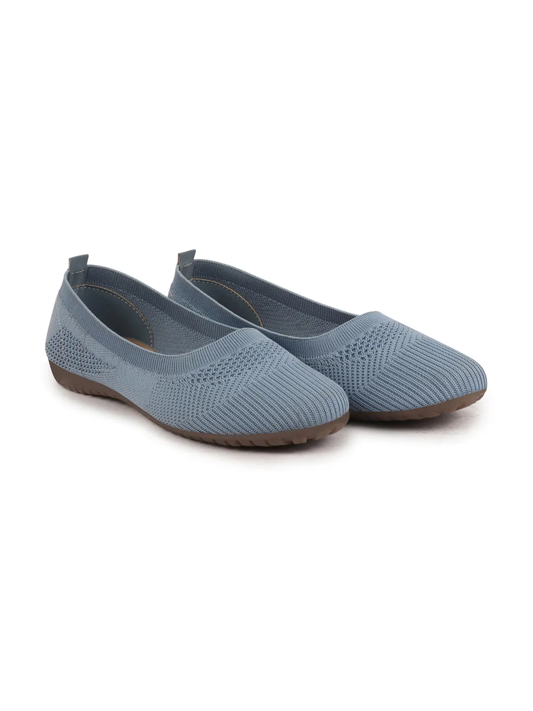 Women Sky Blue Athleisure Active Wear Knitted Soft Fabric Slip On Flat Ballerina Shoes For Walking