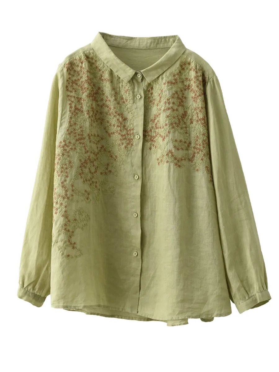 Women Spring Flower Embroidery Ramie Shirt