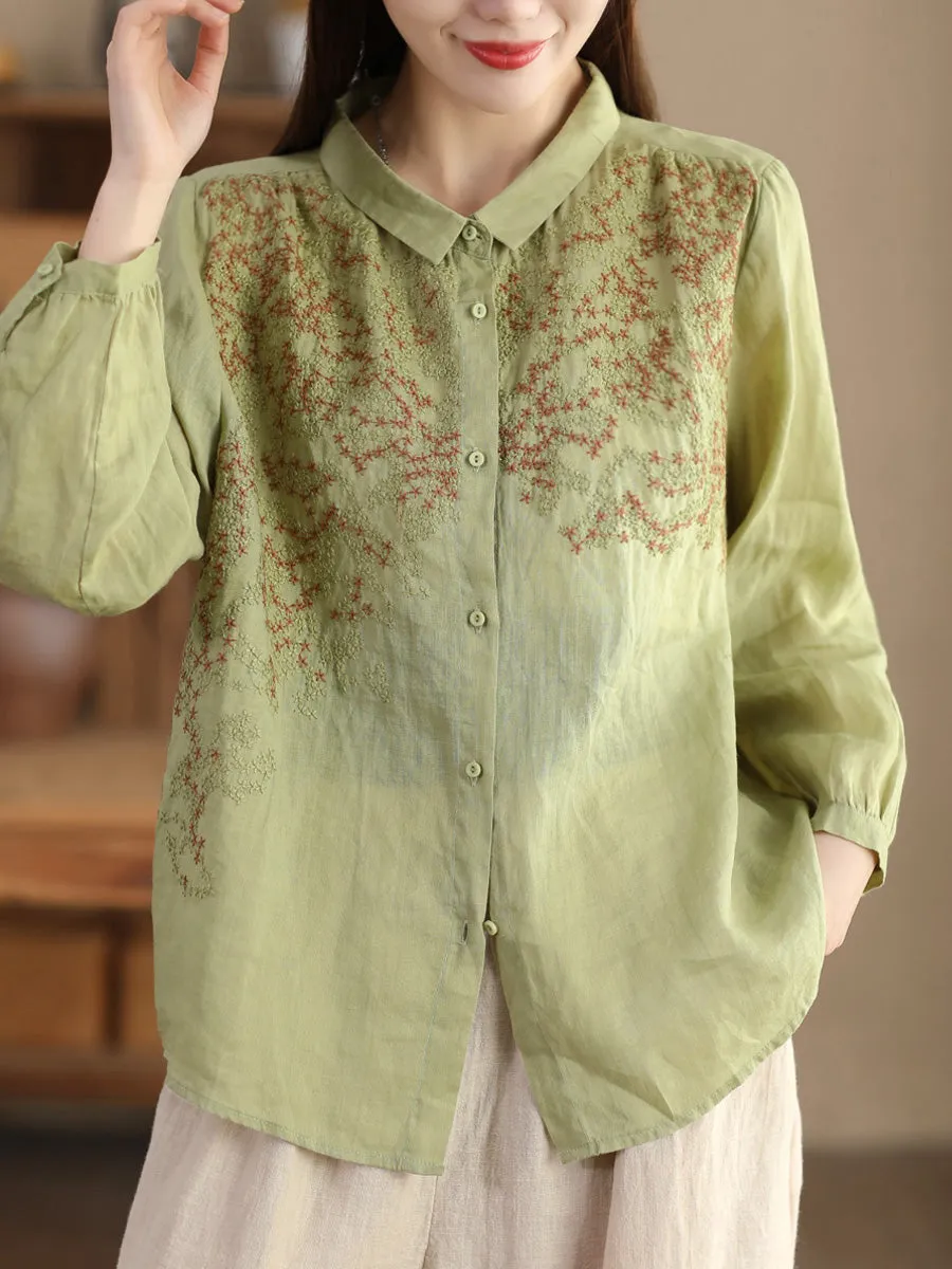 Women Spring Flower Embroidery Ramie Shirt