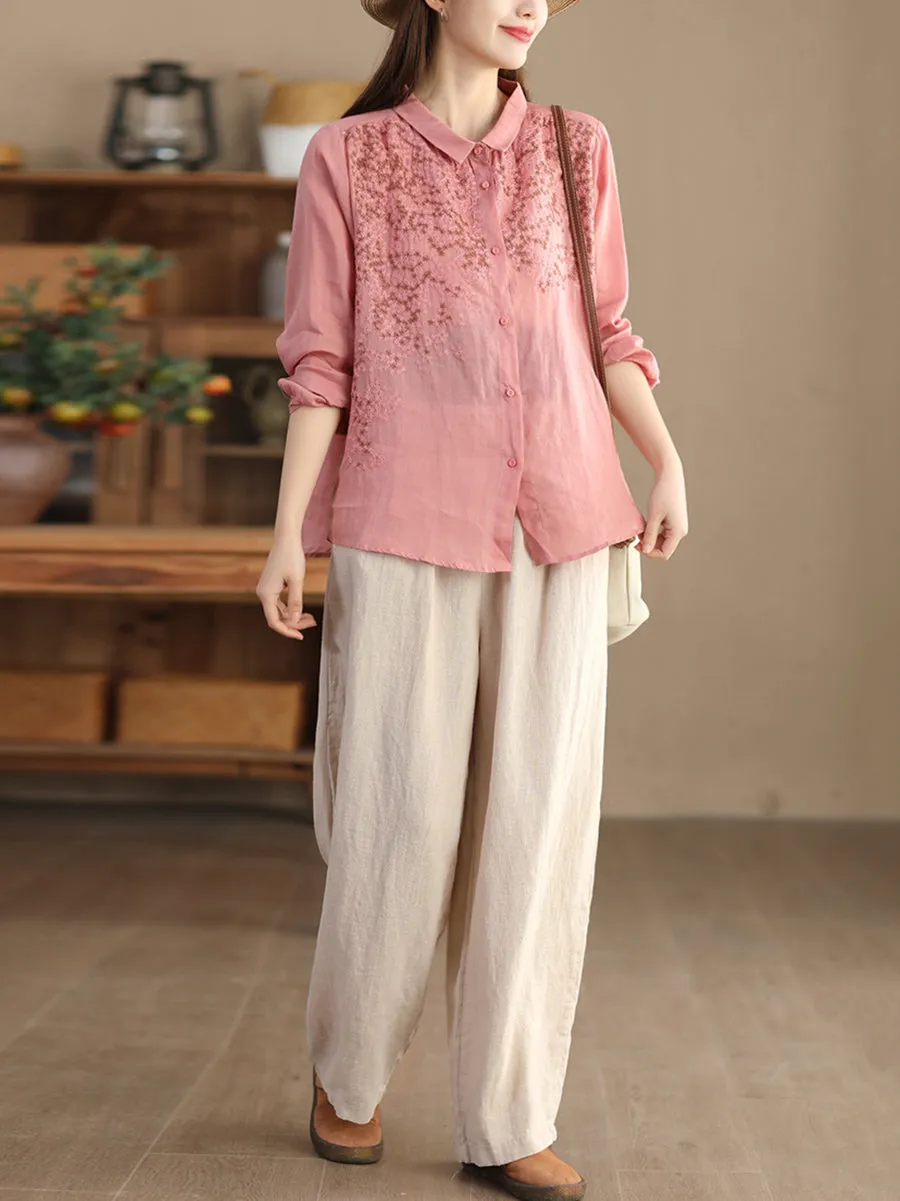 Women Spring Flower Embroidery Ramie Shirt