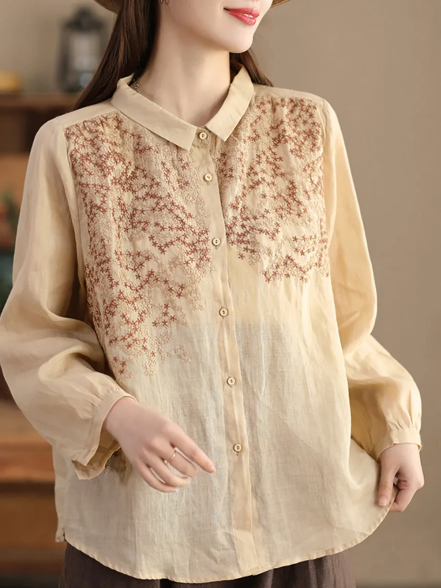 Women Spring Flower Embroidery Ramie Shirt