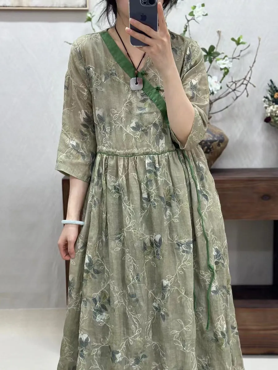 Women Vintage Flower Spliced Linen Dress CO1002