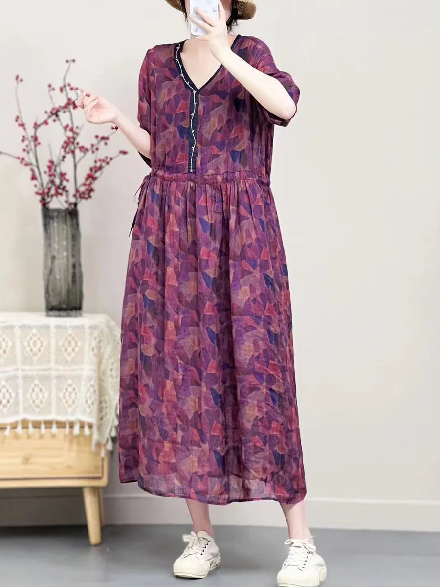 Women Vintage Summer Floral Ramie V-Neck Dress SC1001