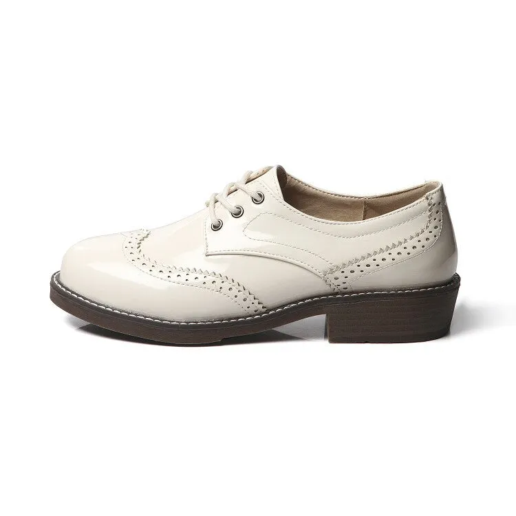 Women's Glossy Round Toe Lace-Up Stitch Oxford Shoes