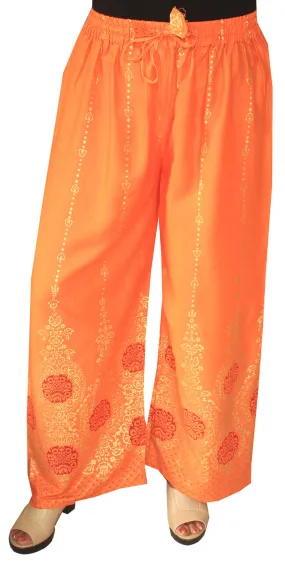 Womens Rayon Indian Pants Wide Leg Golden Print (Orange)