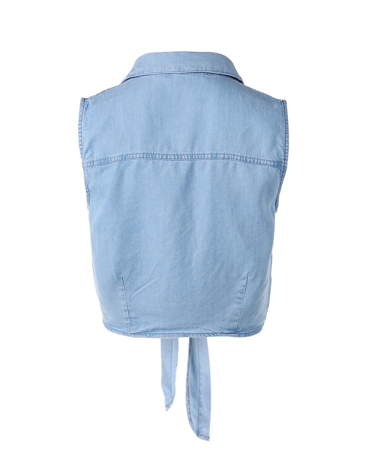 Women's Roll Up Sleeve Crop Top Tie Front Chambray Denim Shirt