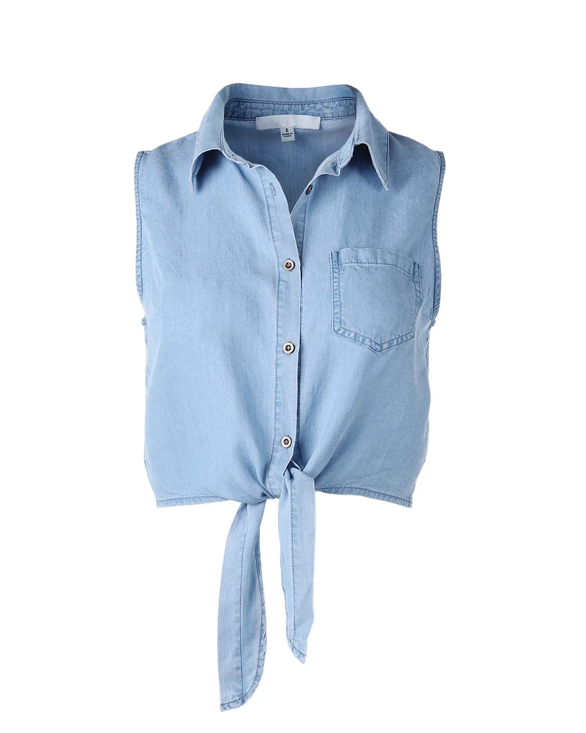 Women's Roll Up Sleeve Crop Top Tie Front Chambray Denim Shirt