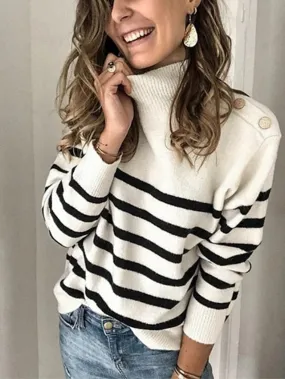 Women's Striped Turtleneck Button Knit Pullover Sweater